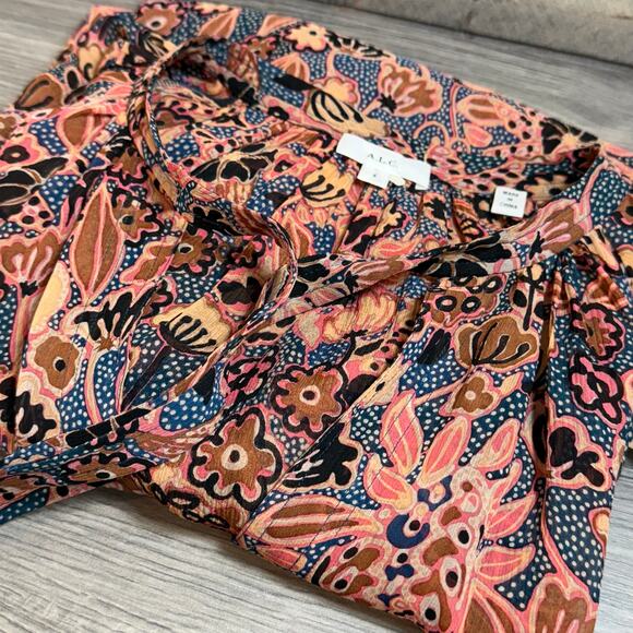 A.L.C. 100% Silk Blouse Size 6 Dark Floral Sheer Career Day to Night Elegant - Picture 11 of 16